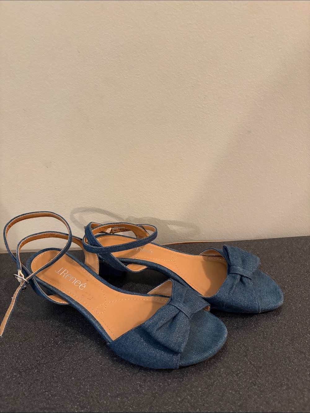 J.Renee Denim Bow Peep-Toe Ankle-Strap Sandals in Blue